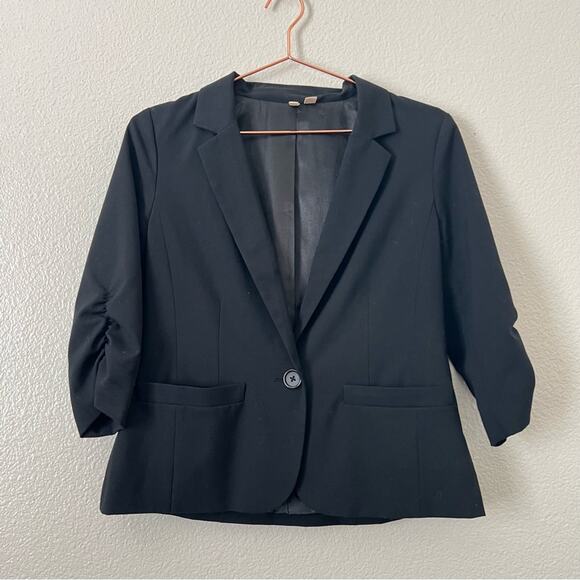 Frenchi one button blazer jacket black ruched 3/4 sleeves - Picture 3 of 6